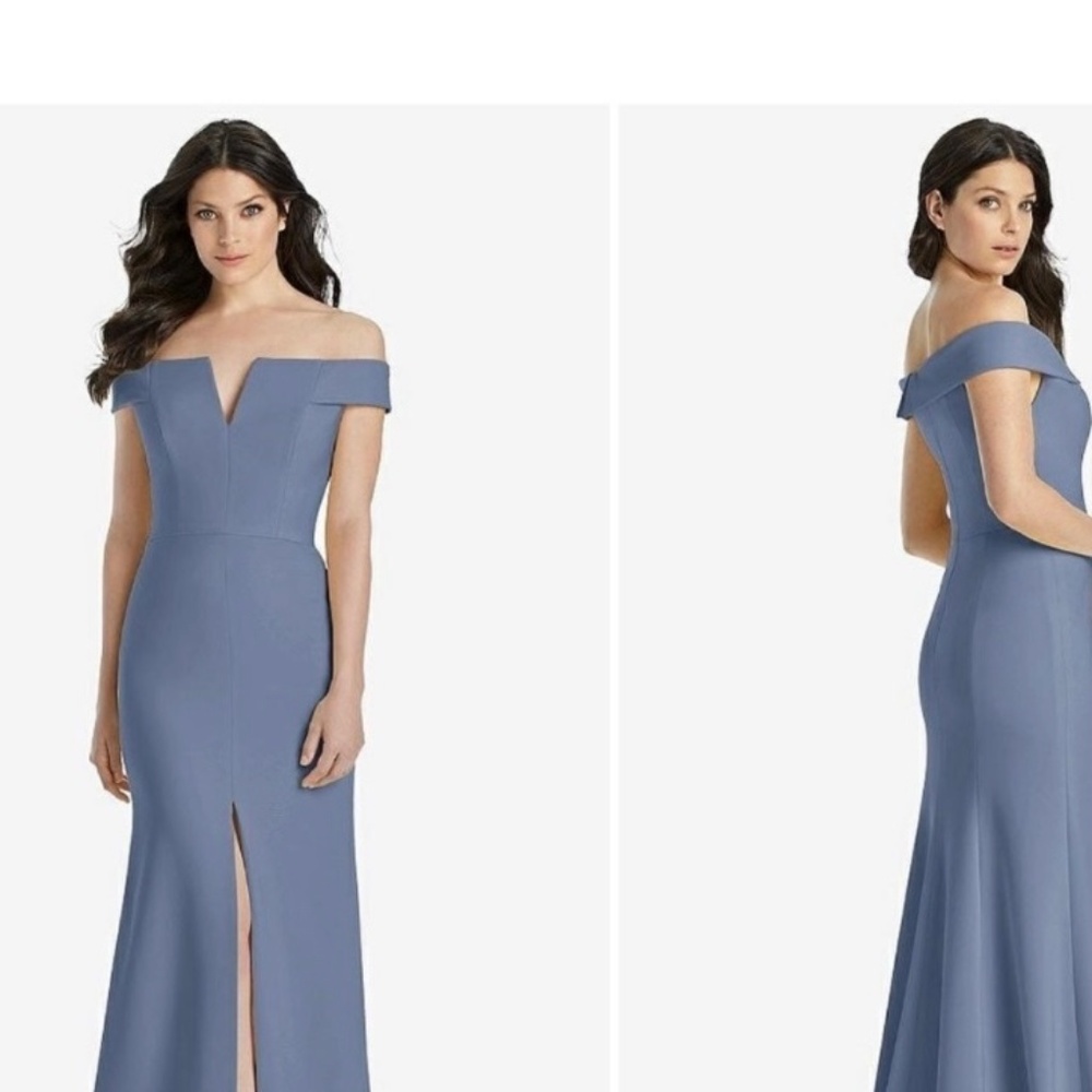 Dessey Off-the-shoulder Notch Trumpet Bridesmaid Dress w/ Front Slit in Larkspur